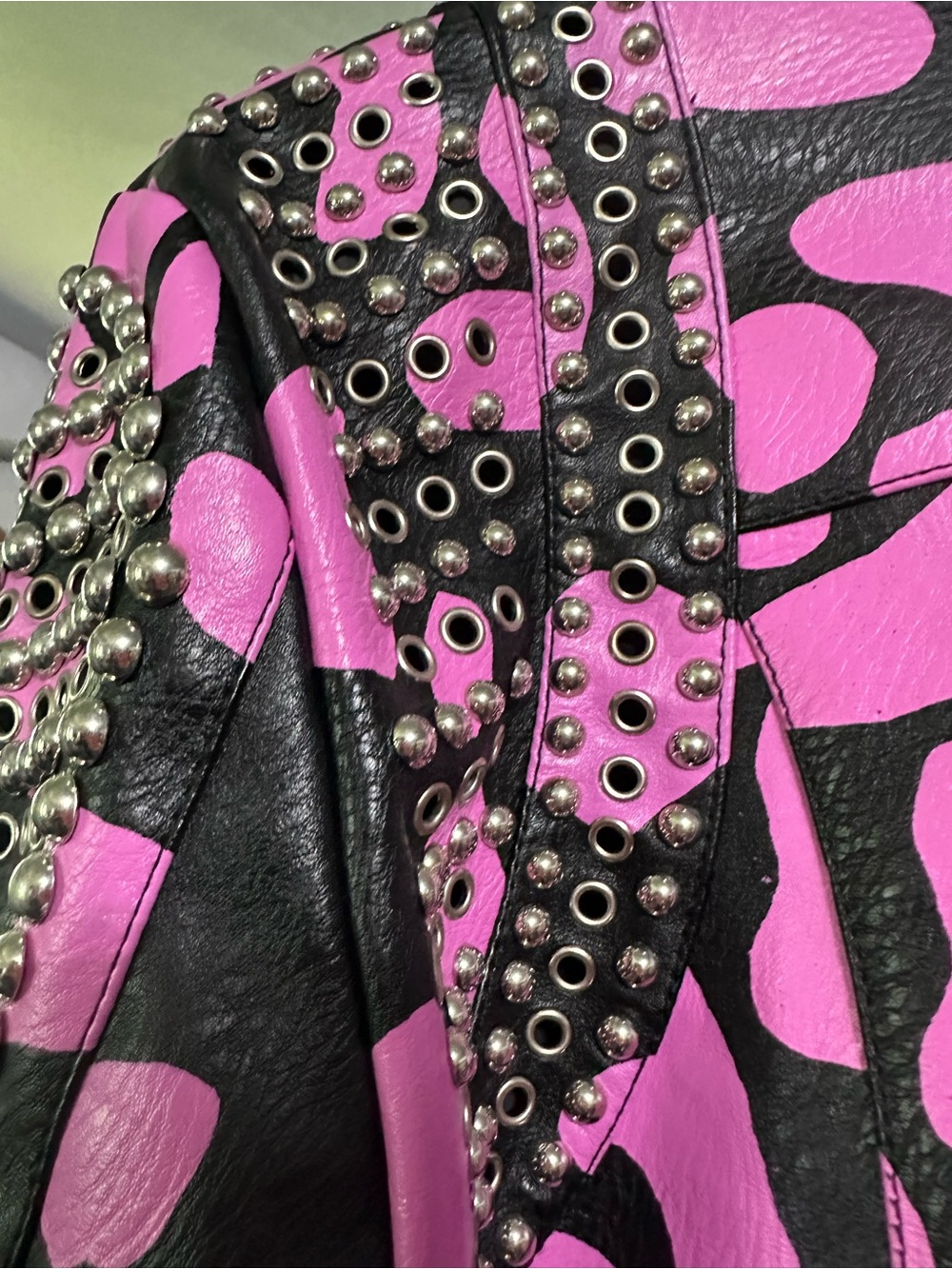 Azela Wang Studded Pink & Black Leather Motorcycle Jacket - Women S - Picture 3 of 13